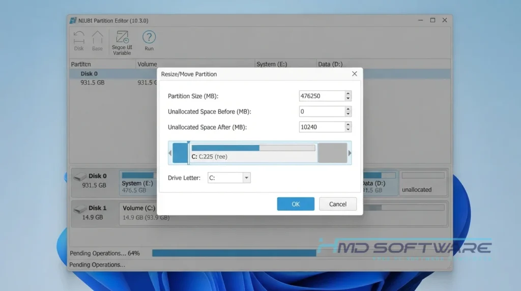 NIUBI Partition Editor modal dialog by HMD Software