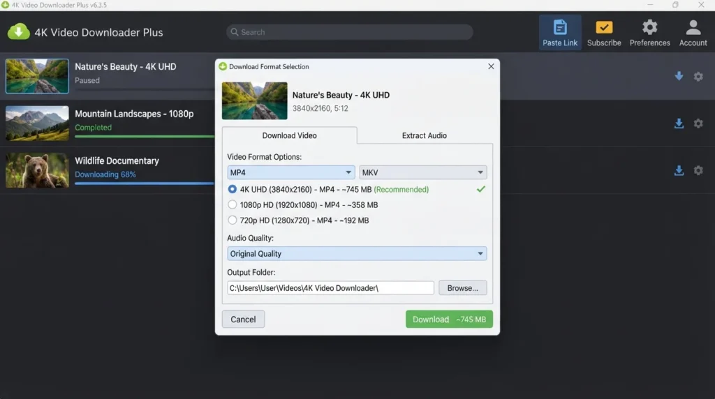 4K Video Downloader Plus 6.3.5 Modal dialog selecting video format by HMD Software