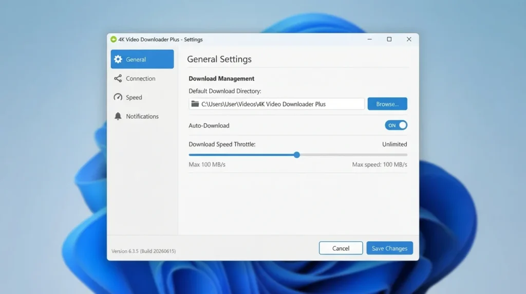 4K Video Downloader Plus Application settings window display by HMD Software