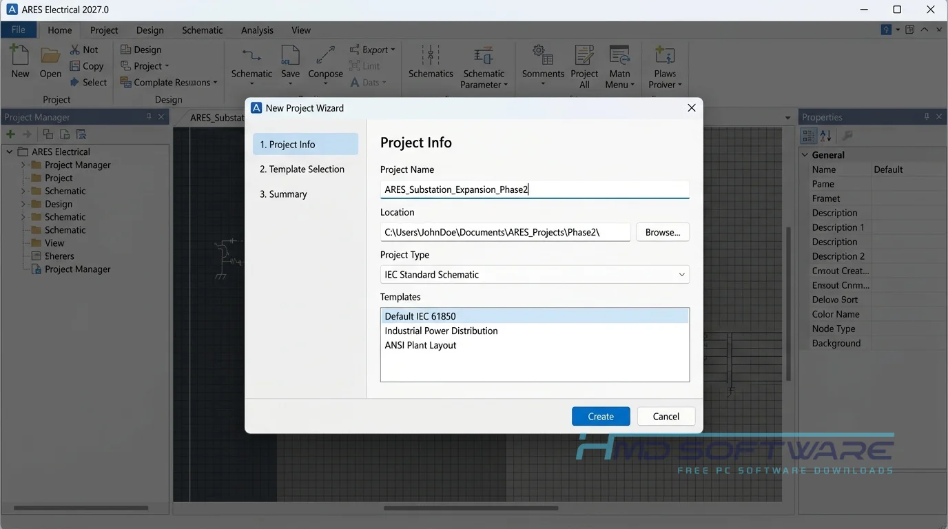ARES Electrical 2027.0 New Project Wizard modal window by HMD Software