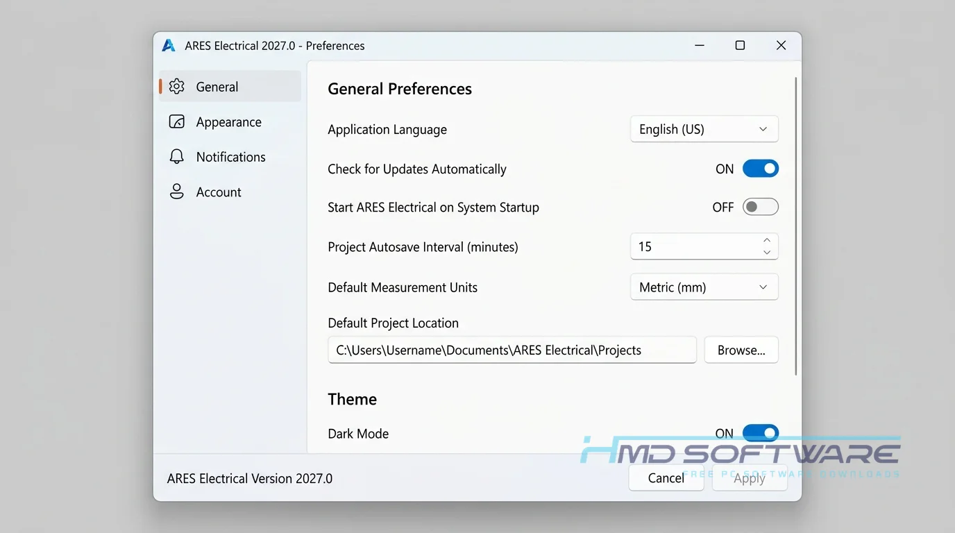 ARES Electrical Settings Preferences Panel Window by HMD Software