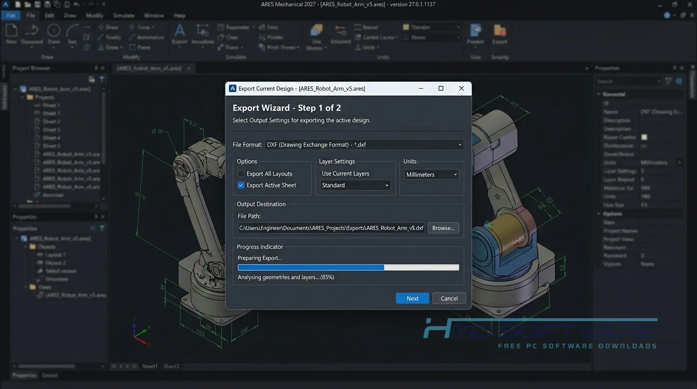 ARES Mechanical 2027 Export Modal by HMD Software