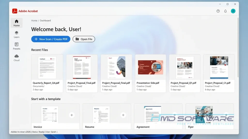 Adobe Acrobat 2026 dashboard screen capture By HMD Software