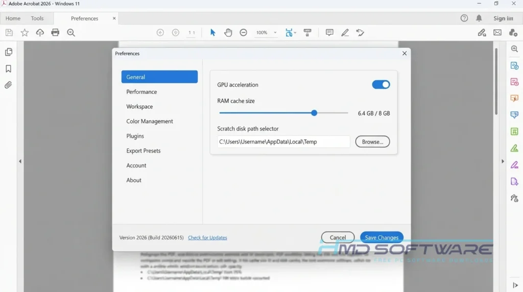 Adobe Acrobat settings window dialog By HMD Software
