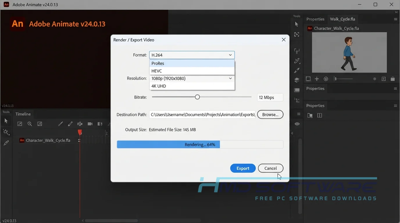 Adobe Animate 2024 export dialog render By HMD Software
