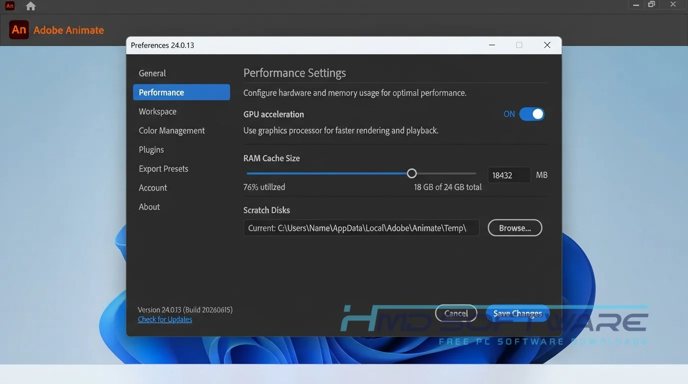 Adobe Animate 2024 settings window By HMD Software