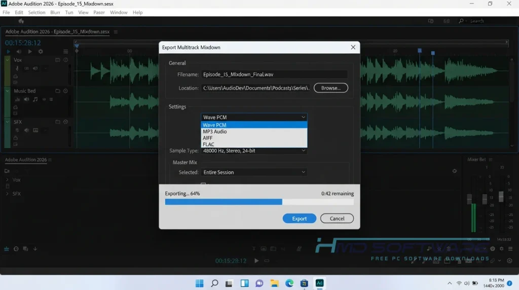 Adobe Audition 2026 Exporting multitrack mixdown modal dialog By HMD Software