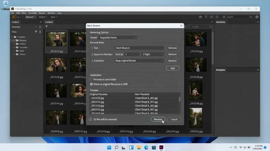 Adobe Bridge batch rename dialog By HMD Software