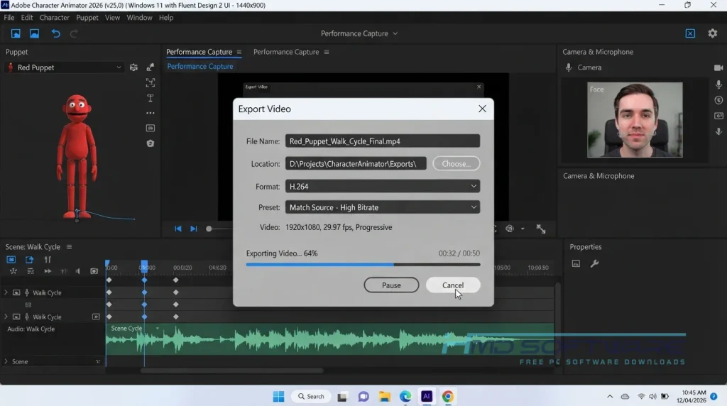 Adobe Character Animator 2026 Exporting video modal dialog By HMD Softwarea