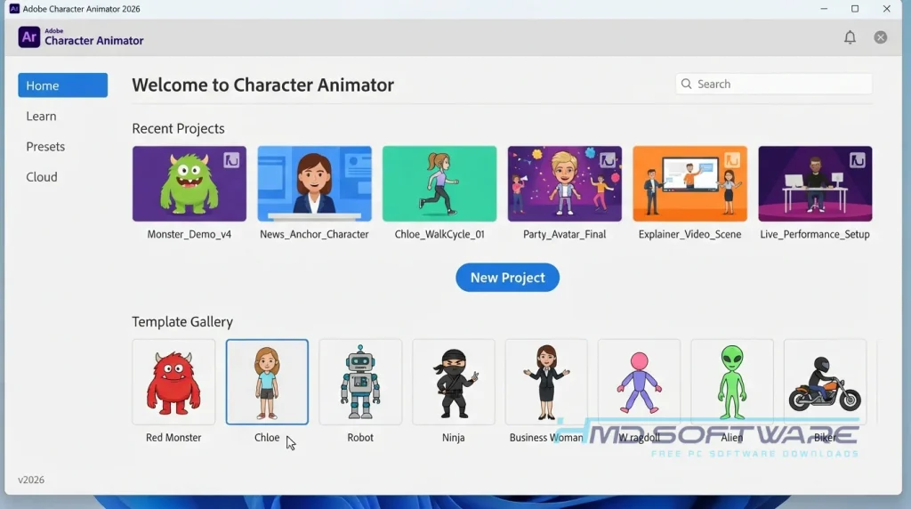 Adobe Character Animator 2026 home screen By HMD Software
