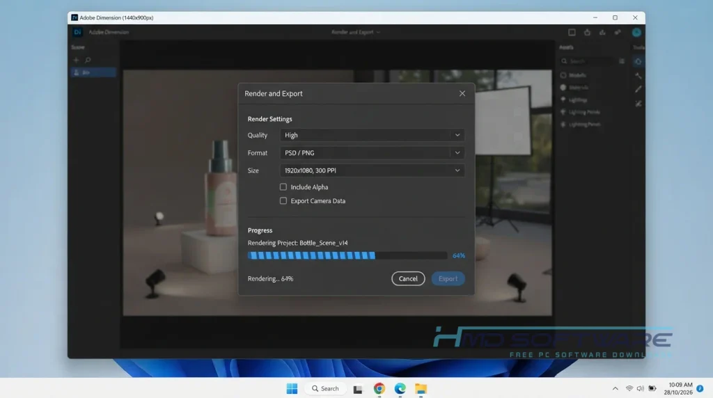 Adobe Dimension Application rendering export dialog By HMD Software