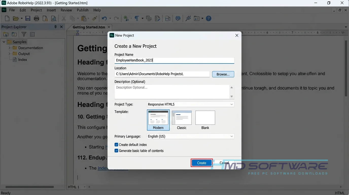 Adobe RoboHelp 2022.3.93 modal dialog by HMD Software