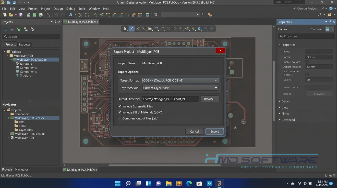 Altium Designer 26.5.0 Export Project modal dialog by HMD Software