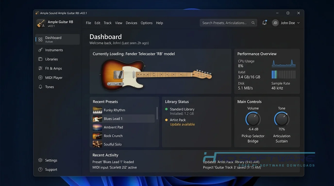 Ample Guitar dashboard screenshot by HMD Software