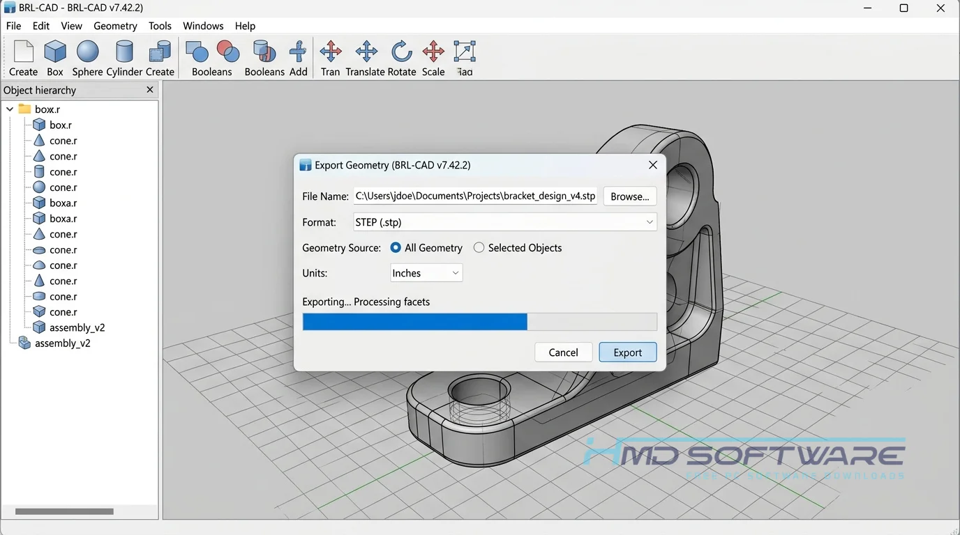 BRL-CAD Export dialog modal by HMD Software