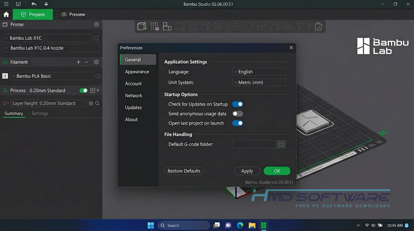 Bambu Studio settings panel by HMD Software