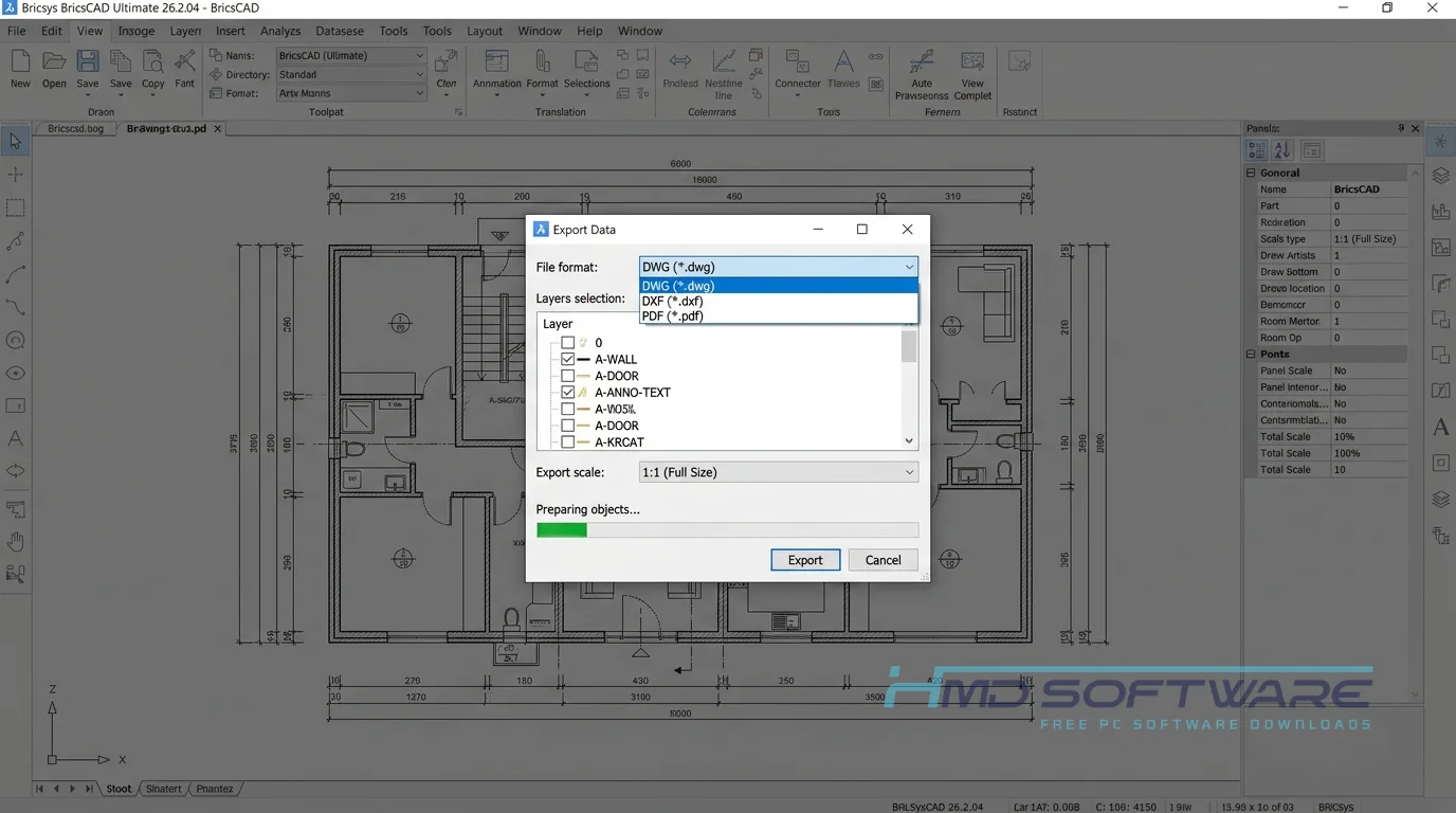 BricsCAD Ultimate 26.2.04 Export modal window open by HMD Software