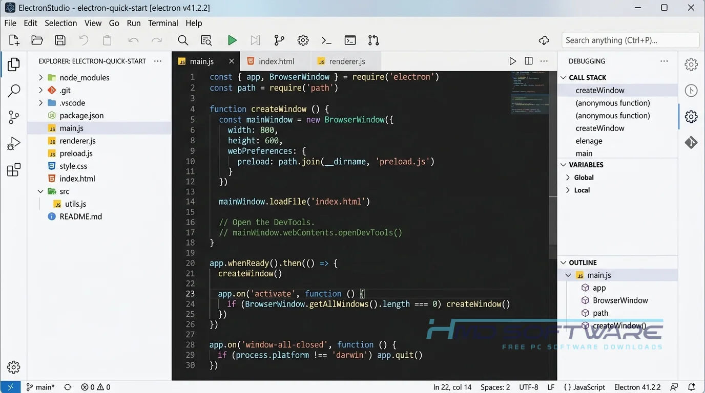 Electron JS 41.2.2 Code editor screen with file by HMD Software