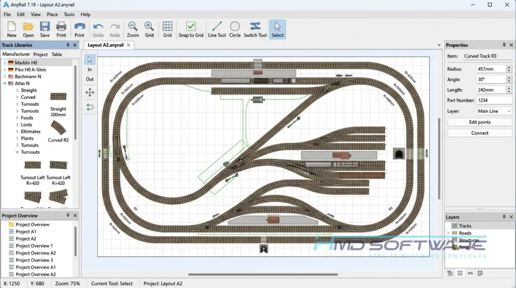 Main feature screen AnyRail 7.18 by HMD Software