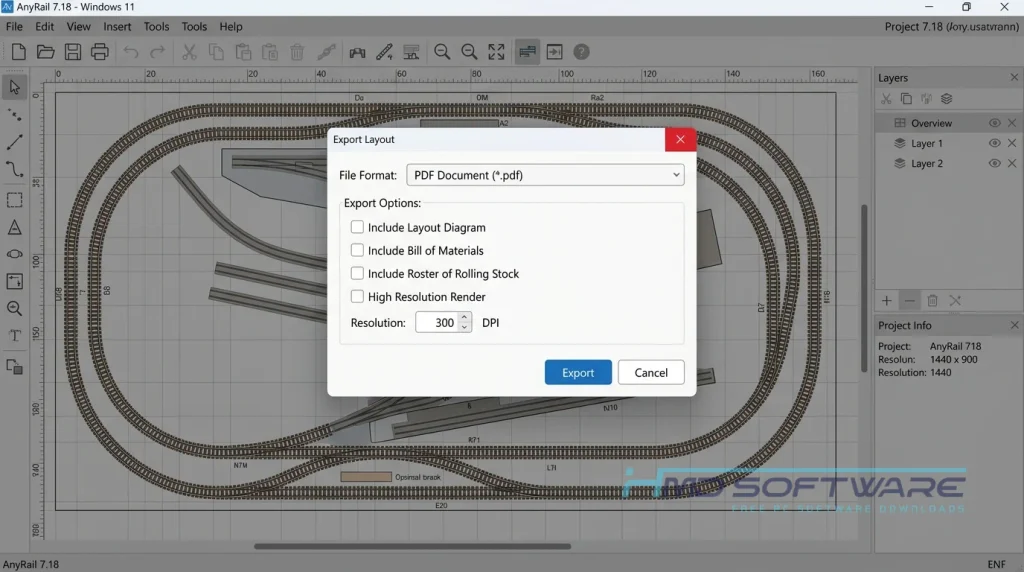 Modal dialog in AnyRail 2026 workflow by HMD Software