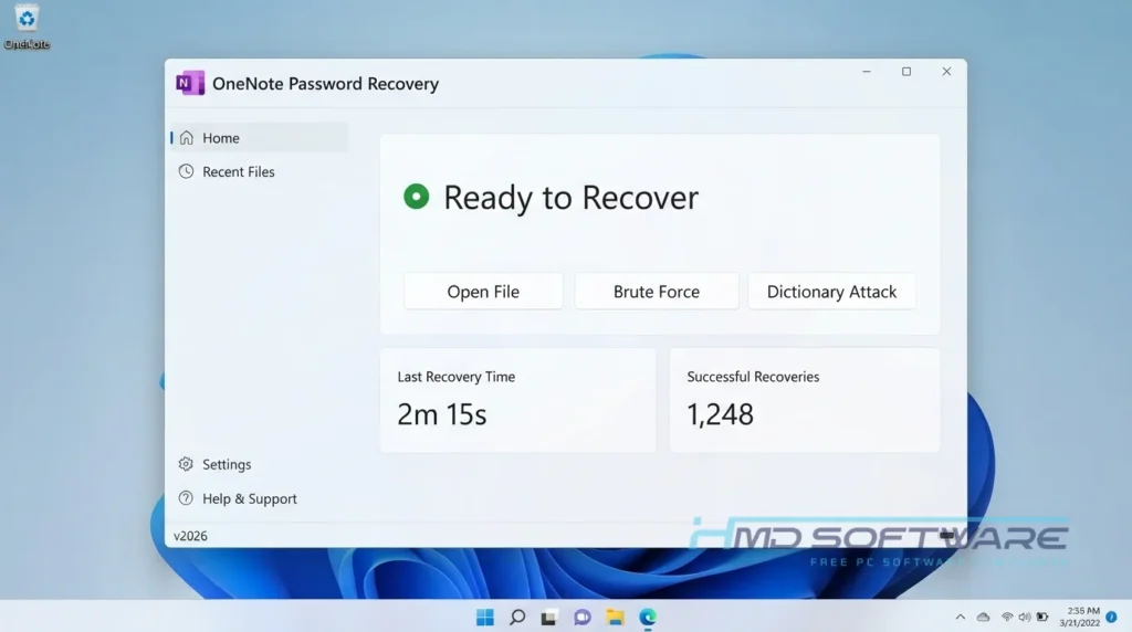 Onenote password recovery 2026 Home screen by HMD Software