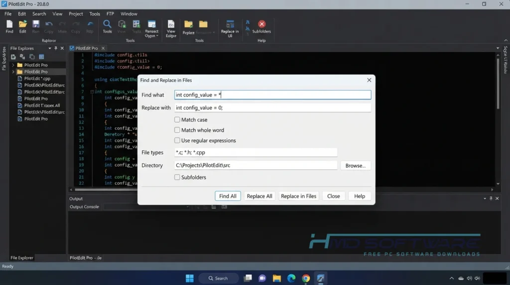 PilotEdit Pro 20.8.0 Find and Replace modal dialog by HMD Software