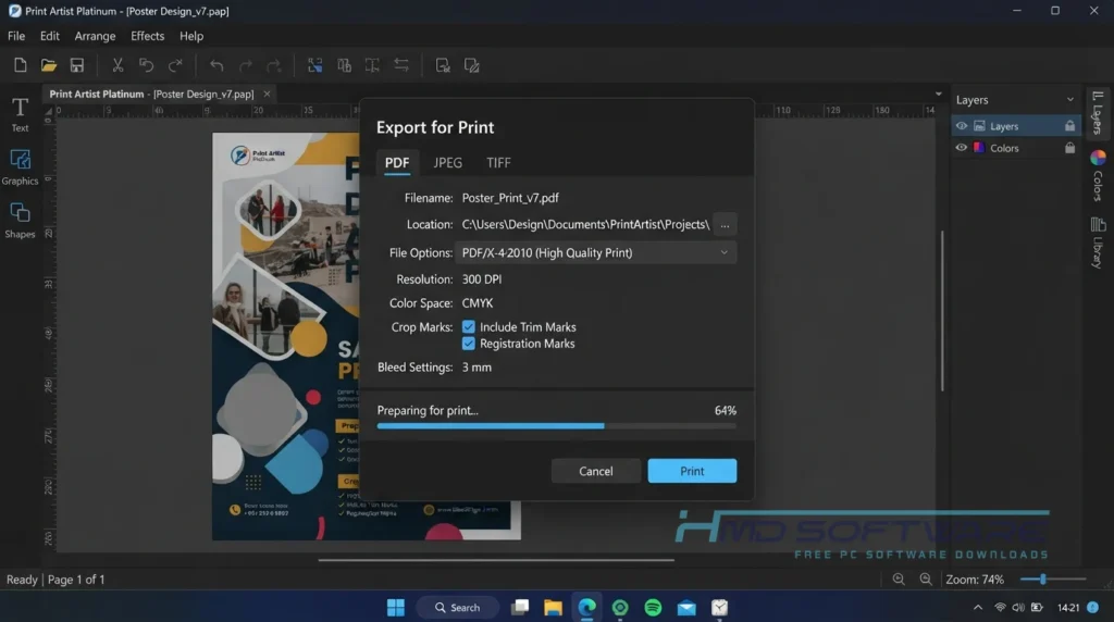 Print Artist Platinum 25.1.0.1 Export for Print dialog open by HMD Software