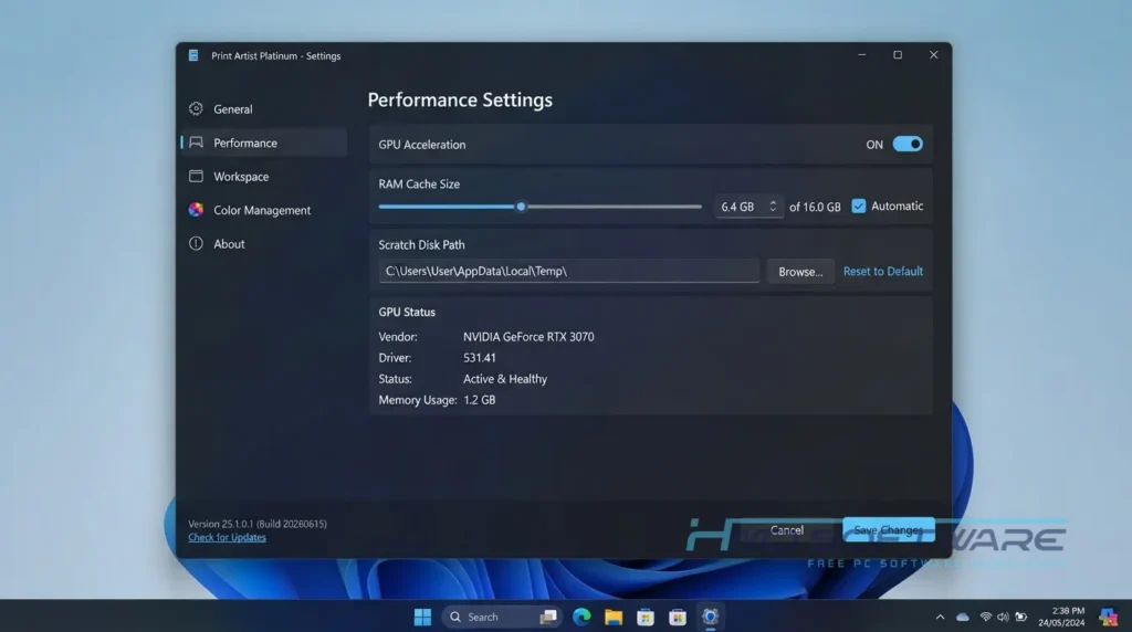 Print Artist Platinum settings screen by HMD Software