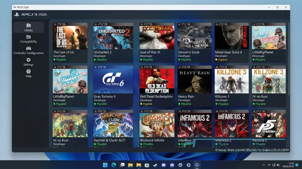 RPCS3 2026 Emulator application showing games By HMD Software