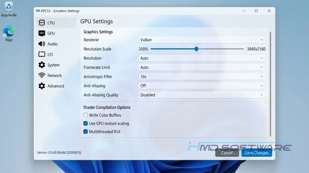 RPCS3 2026 Emulator settings panel displayed By HMD Software