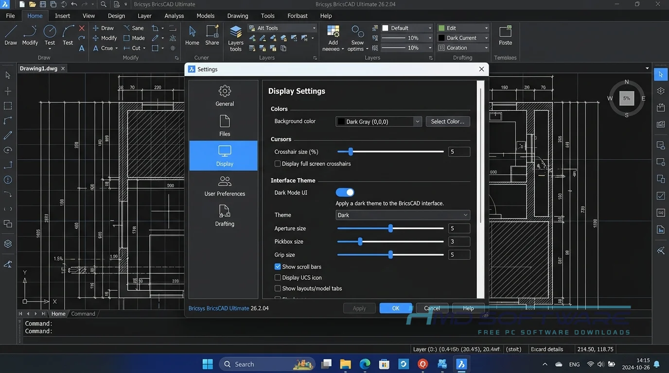 Settings dialog box Bricsys BricsCAD Ultimate 2026 26.2.04 by HMD Software