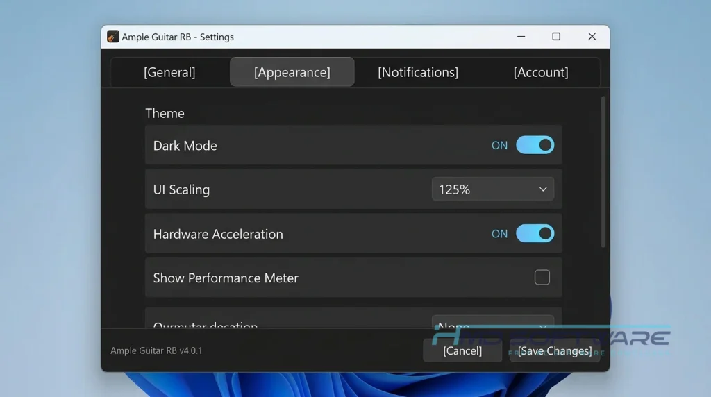 Settings panel Ample Sound Ample Guitar RB by HMD Software