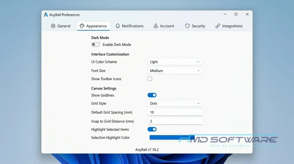 Settings panel AnyRail 7.18 by HMD Software