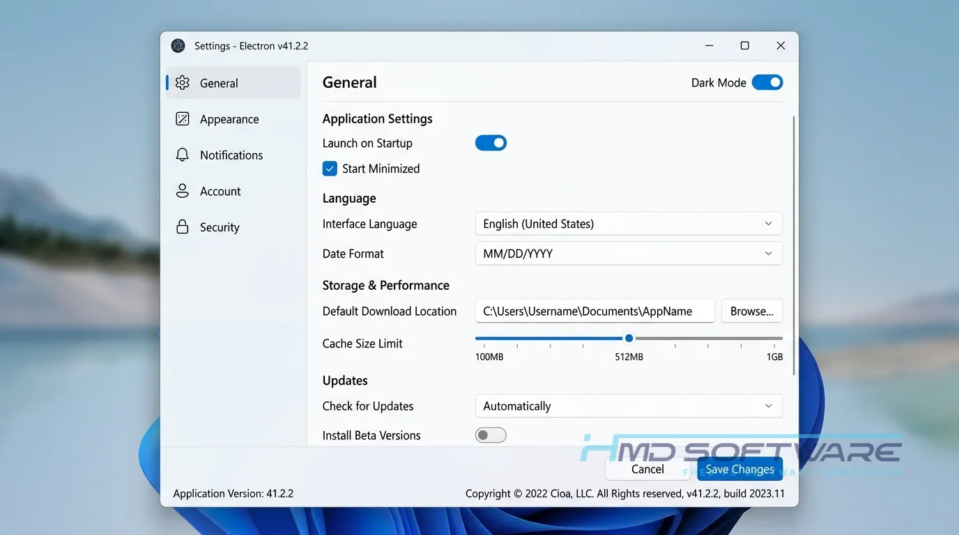 Settings panel Electron version by HMD Software