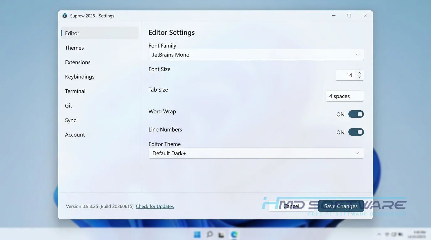 Suprow Browser 2026 settings preferences window By HMD Software