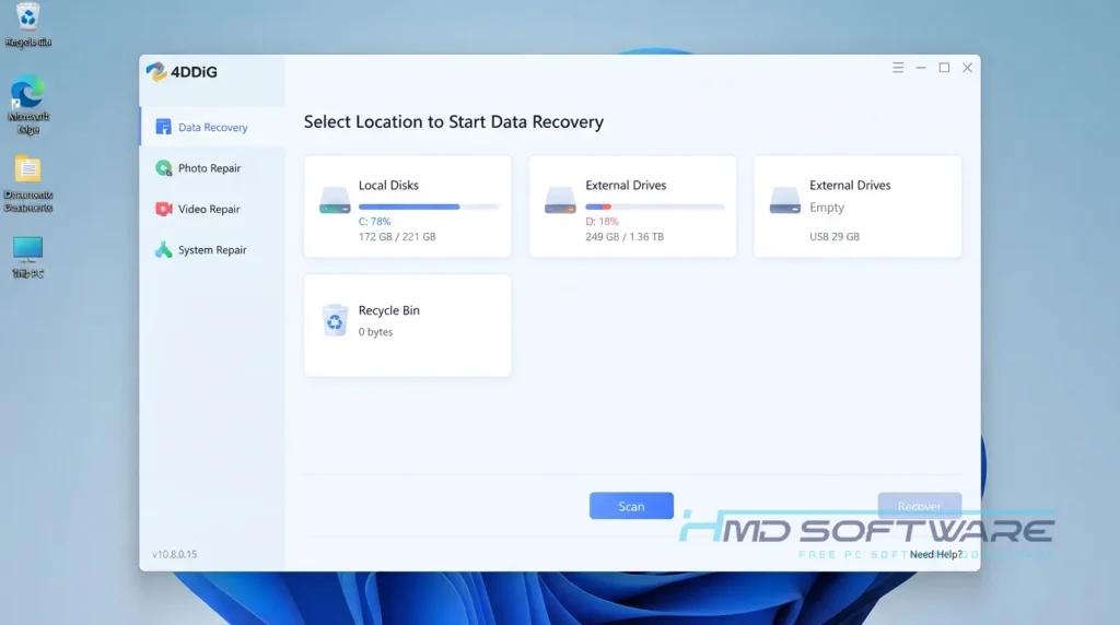 Tenorshare 4DDiG 10.8.0.15 data recovery dashboard By HMD Software