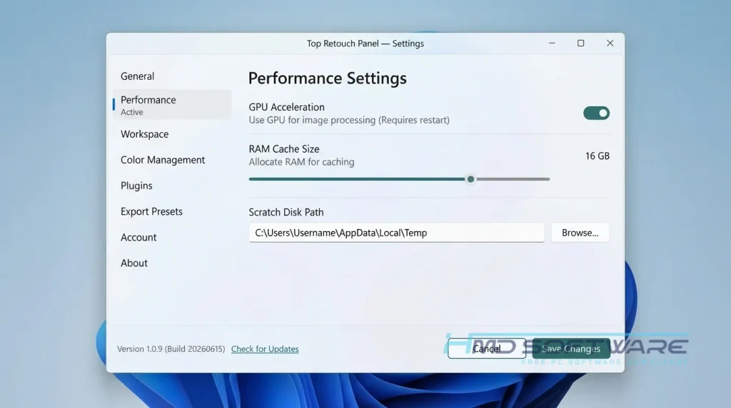 Top Retouch Panel settings window By HMD Software