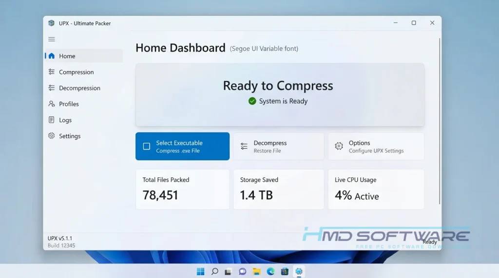 UPX 5.1.1 desktop utility dashboard screen By HMD Software