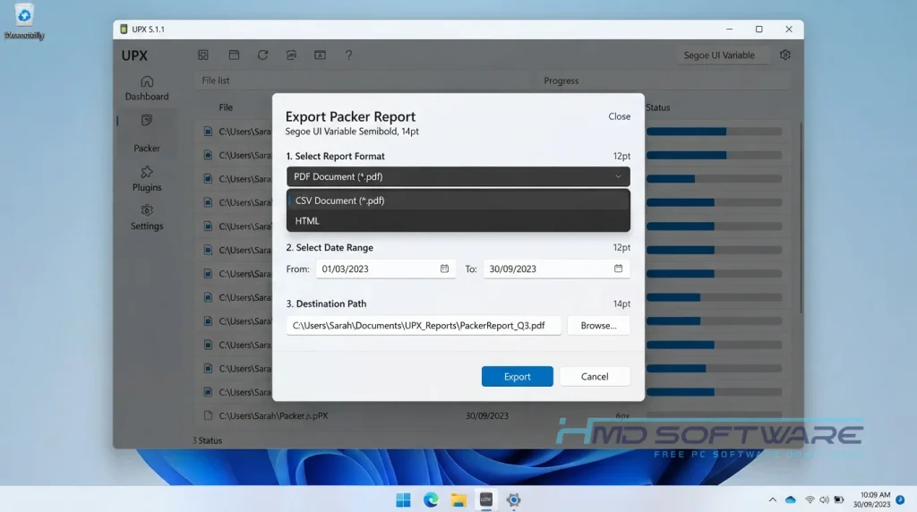 UPX exporting packer report dialog By HMD Software