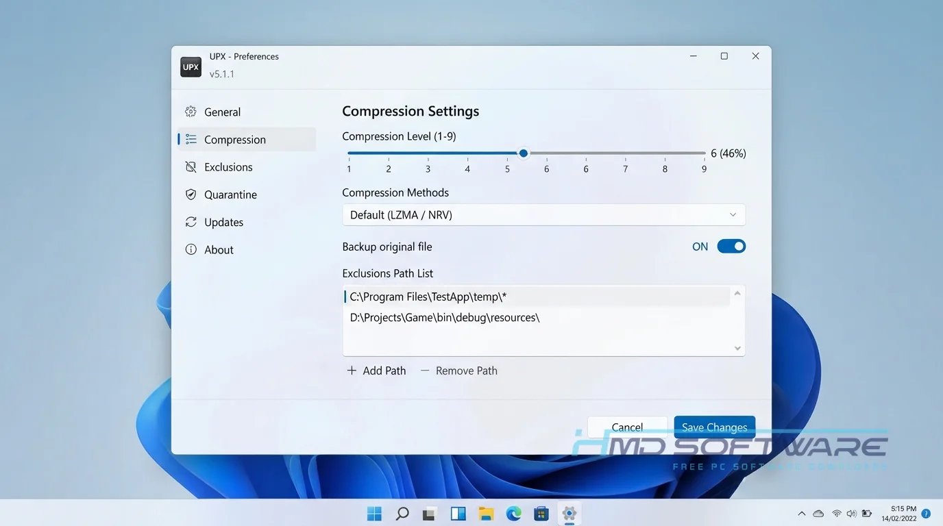 UPX settings window open By HMD Software