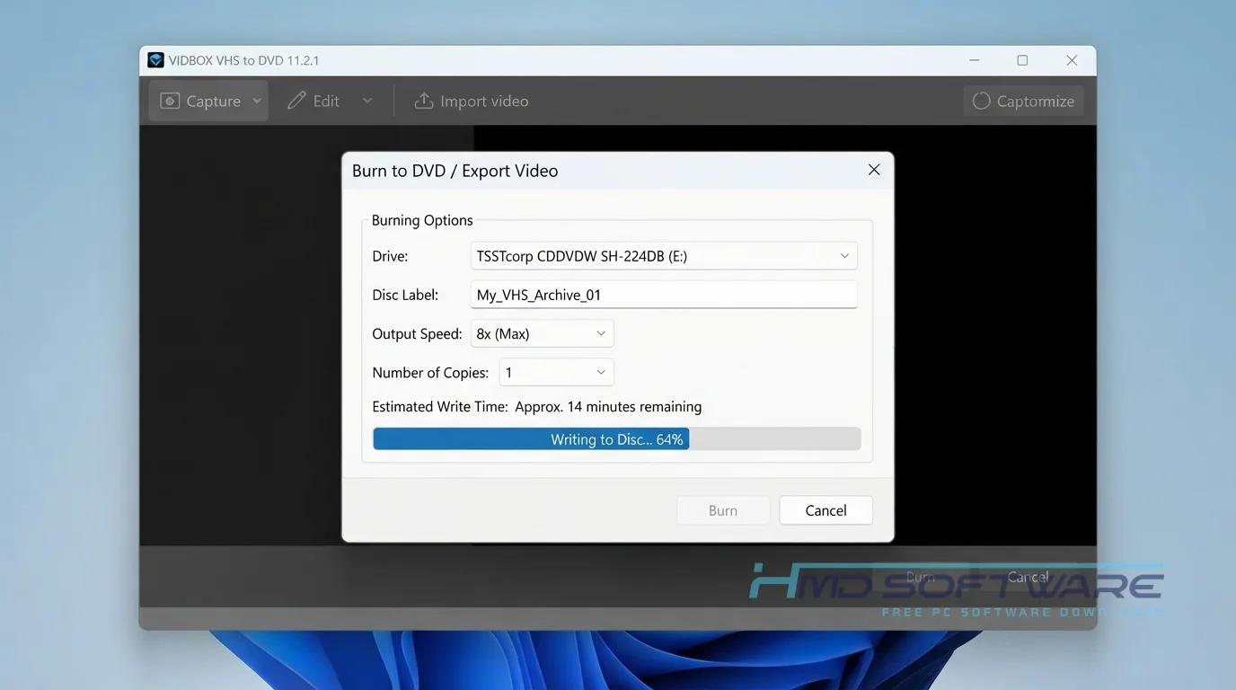 VIDBOX VHS to DVD Modal dialog burning to DVD By HMD Software