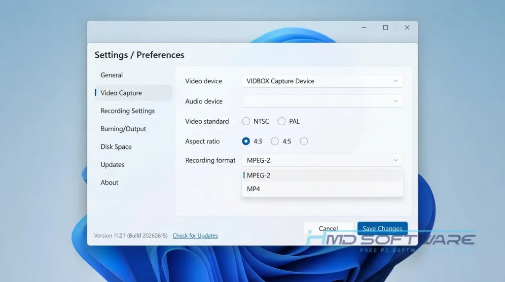 VIDBOX VHS to DVD settings preferences windows By HMD Software