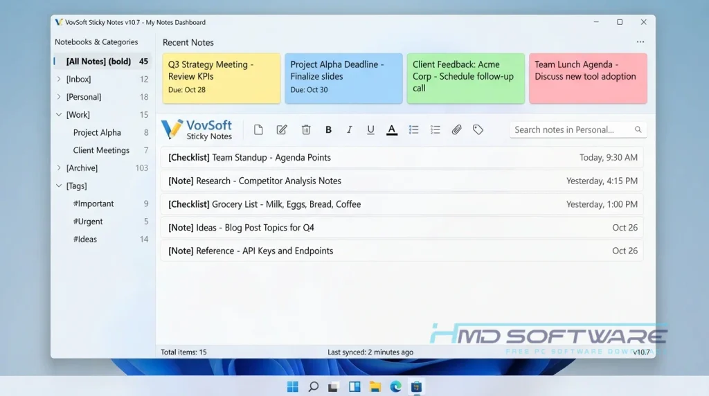 VovSoft Sticky Notes 10.7 application dashboard By HMD Software