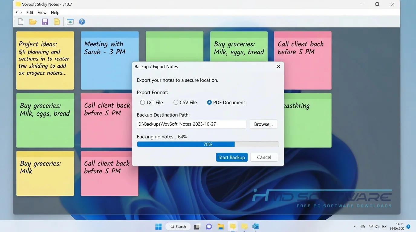 VovSoft Sticky Notes backup dialog By HMD Software