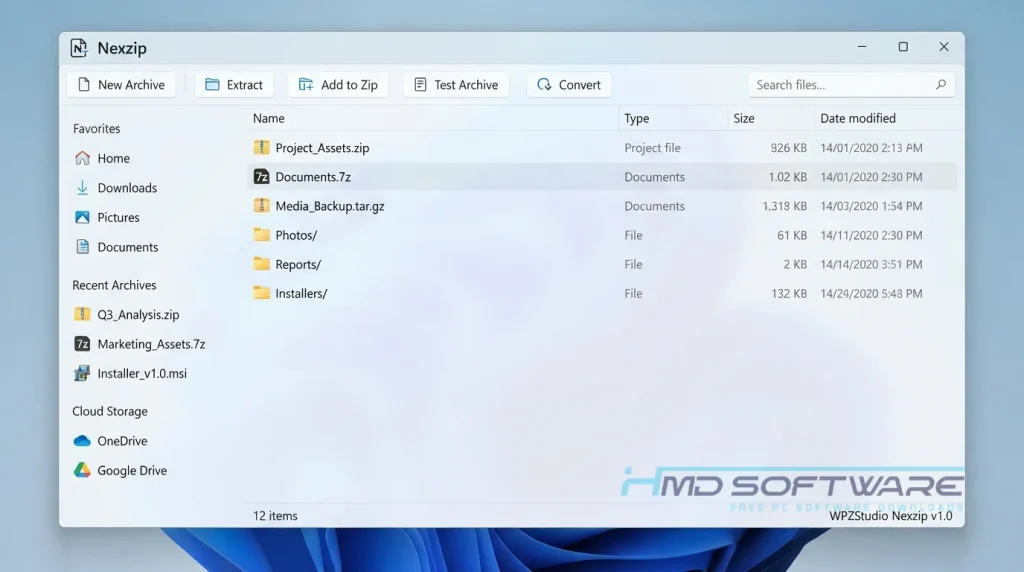 WPZStudio Nexzip 1.0 File compression software home screen By HMD Software