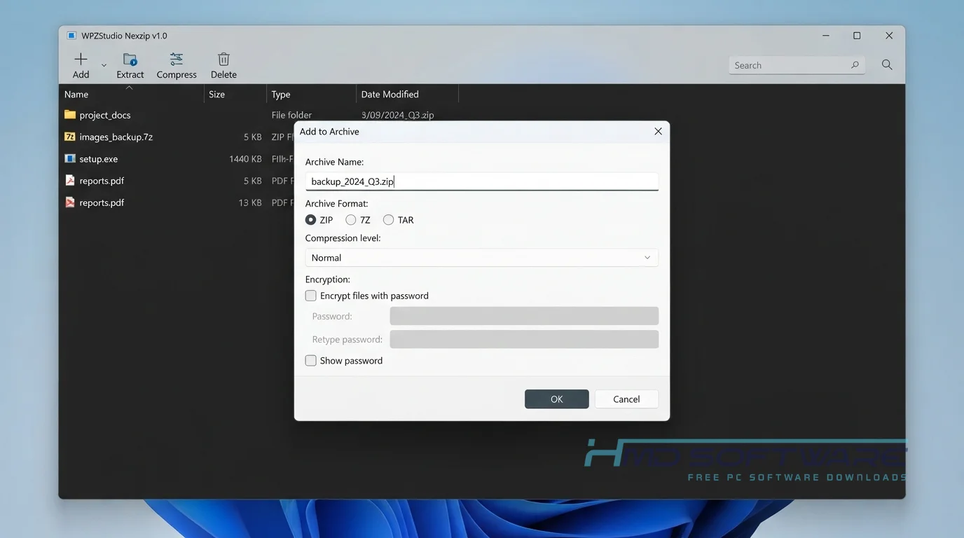 WPZStudio Nexzip Modal dialog creating new archive By HMD Software