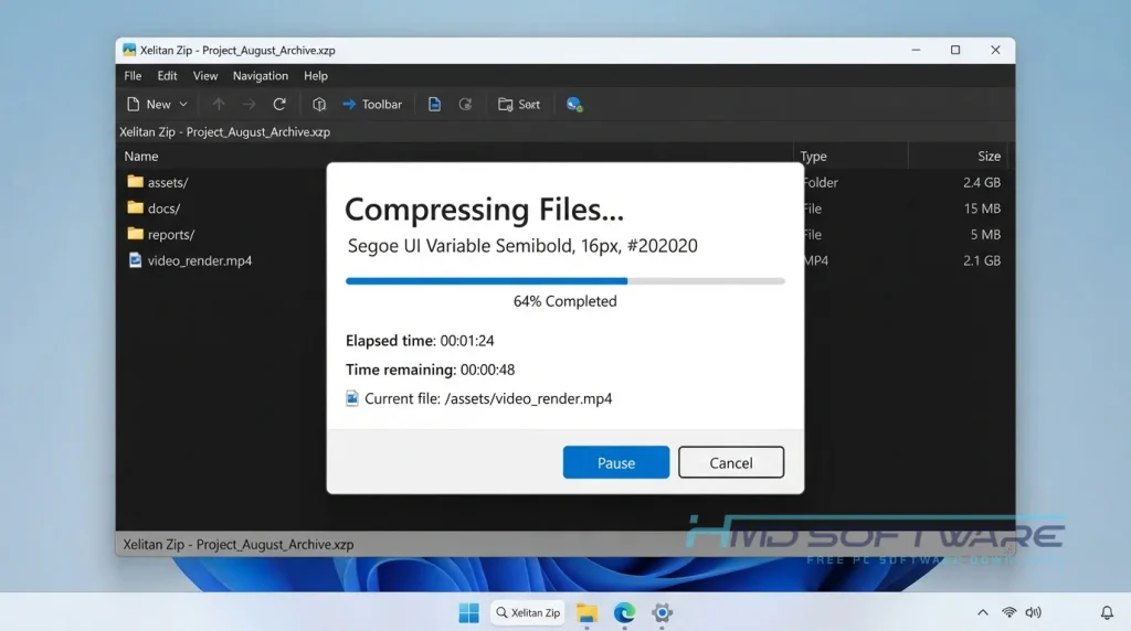 Xelitan Zip 2026 Compression modal dialog on desktop By HMD Software
