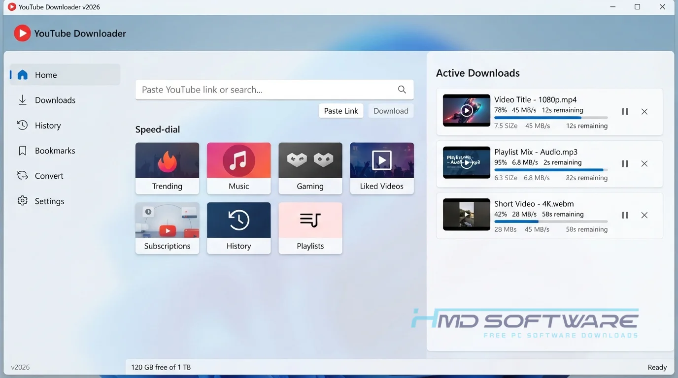 YouTube Downloader 2026 dashboard UI By HMD Software