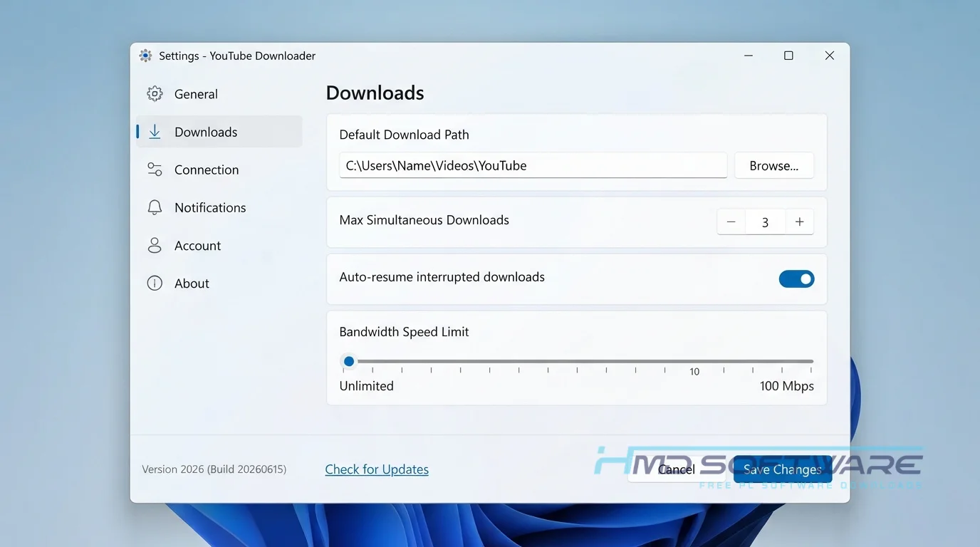 YouTube Downloader settings window By HMD Software