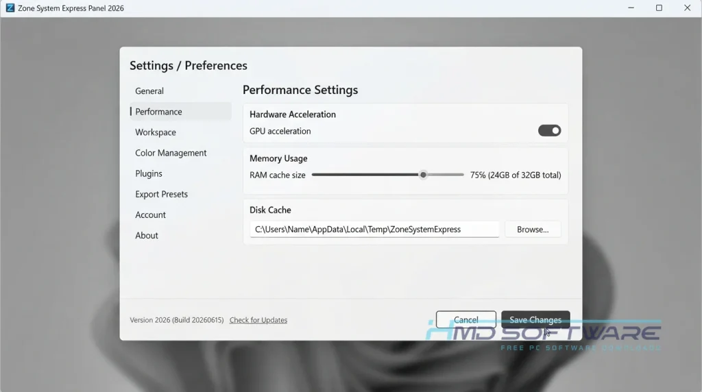 Zone System Express Panel 2026 Settings window displayed on monitor By HMD Software